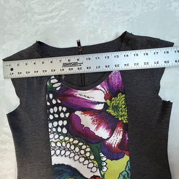 Desigual Women Gray Floral Print Knit Mini Shift Dress Large Cap Sleeve Back Zip - Picture 6 of 9